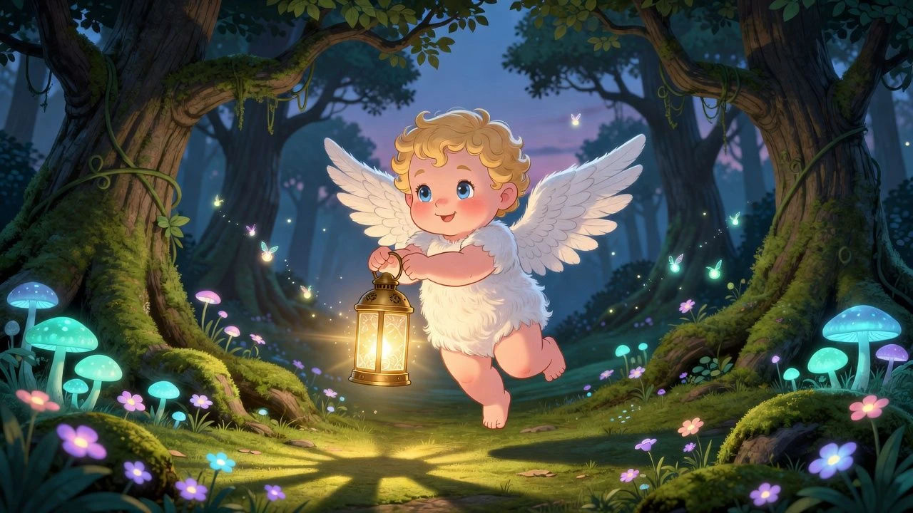 Small cartoon cherub hovering with a glowing lantern