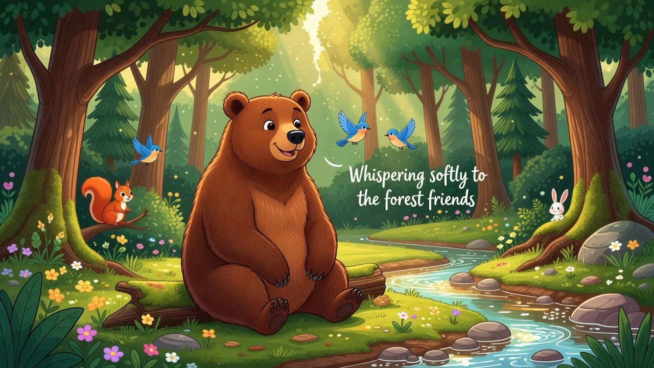 Cartoon bear speaking gently in a woodland clearing