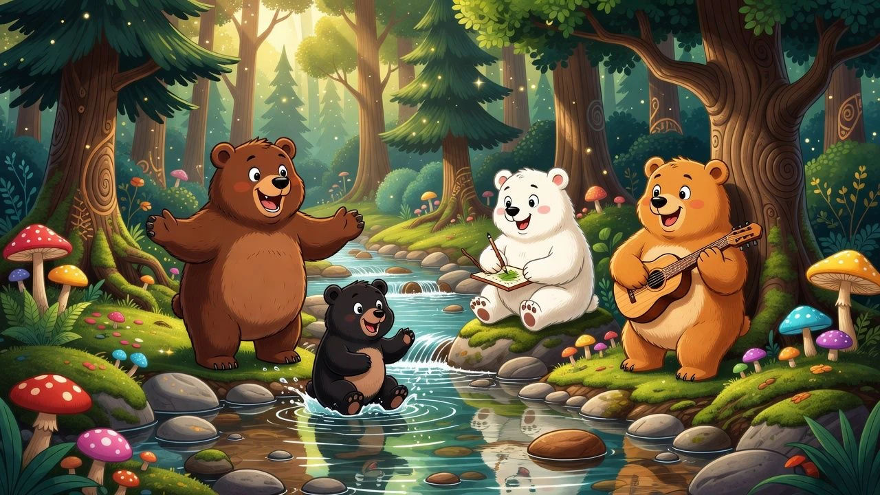 Stylised cartoon bears gathered by a forest stream