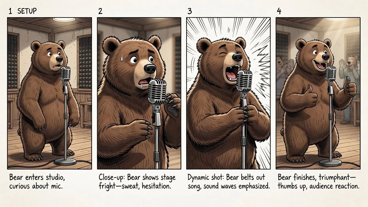 Storyboard of a bear character beside a microphone