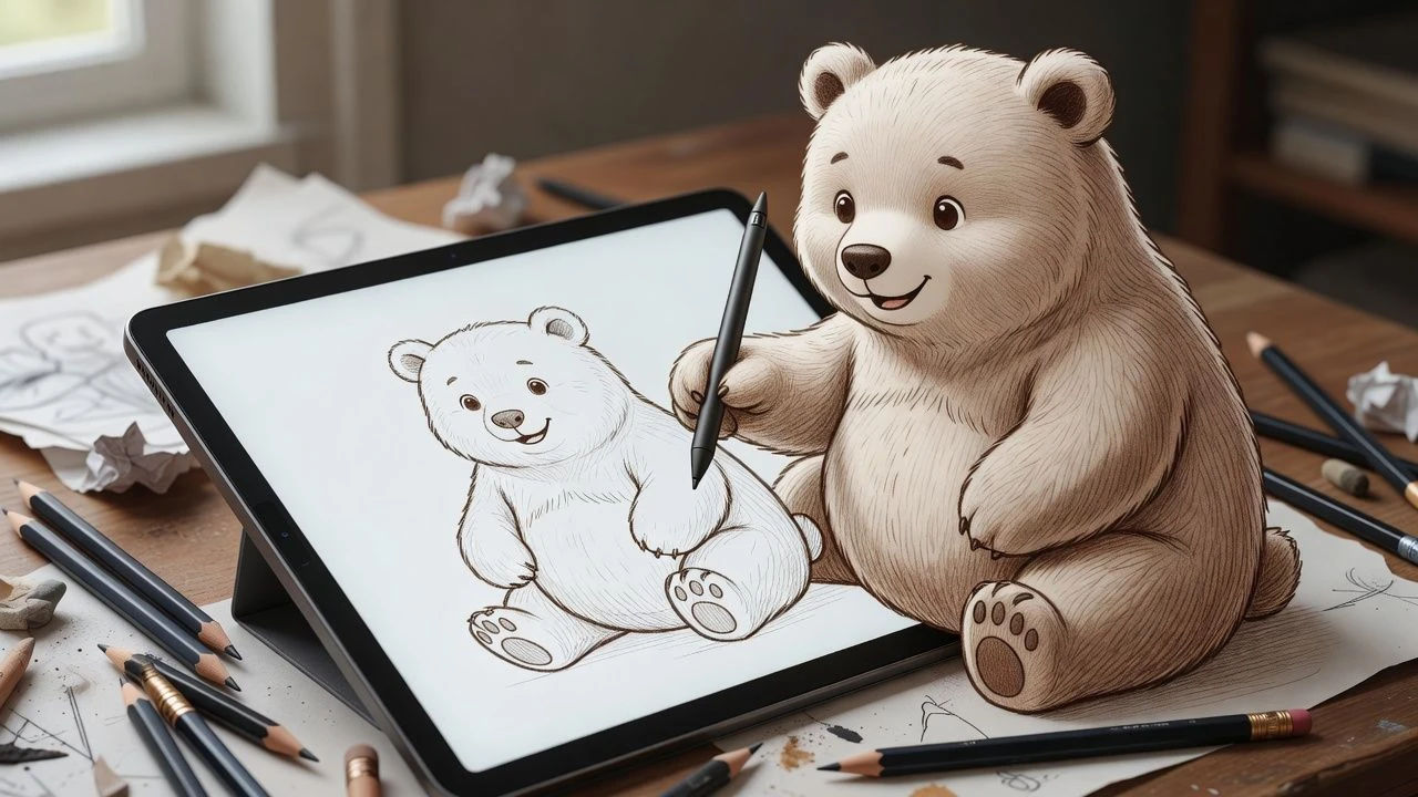 Sketch of a gentle bear character on a drawing tablet