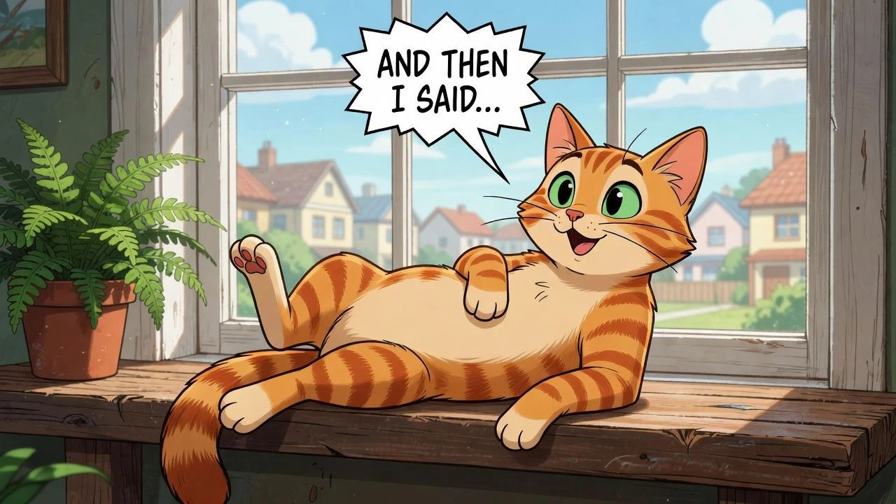 Cartoon cat lounging on a windowsill mid-sentence