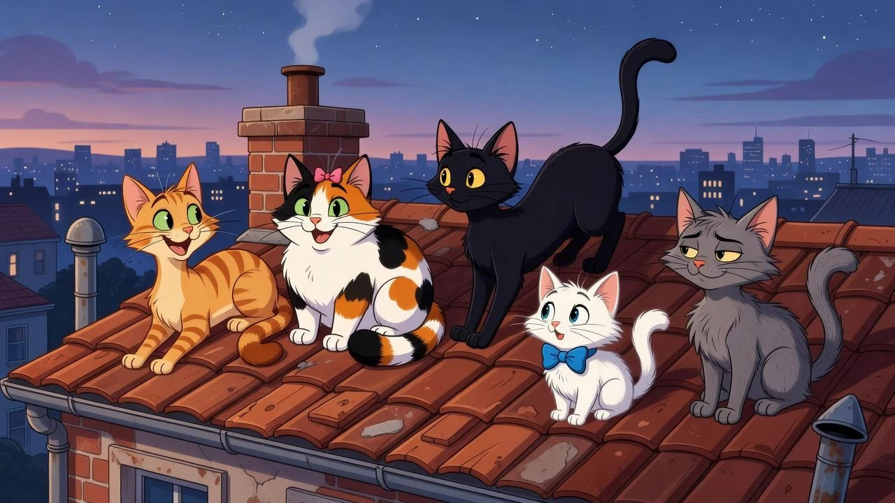 Group of stylised cartoon cats on a rooftop