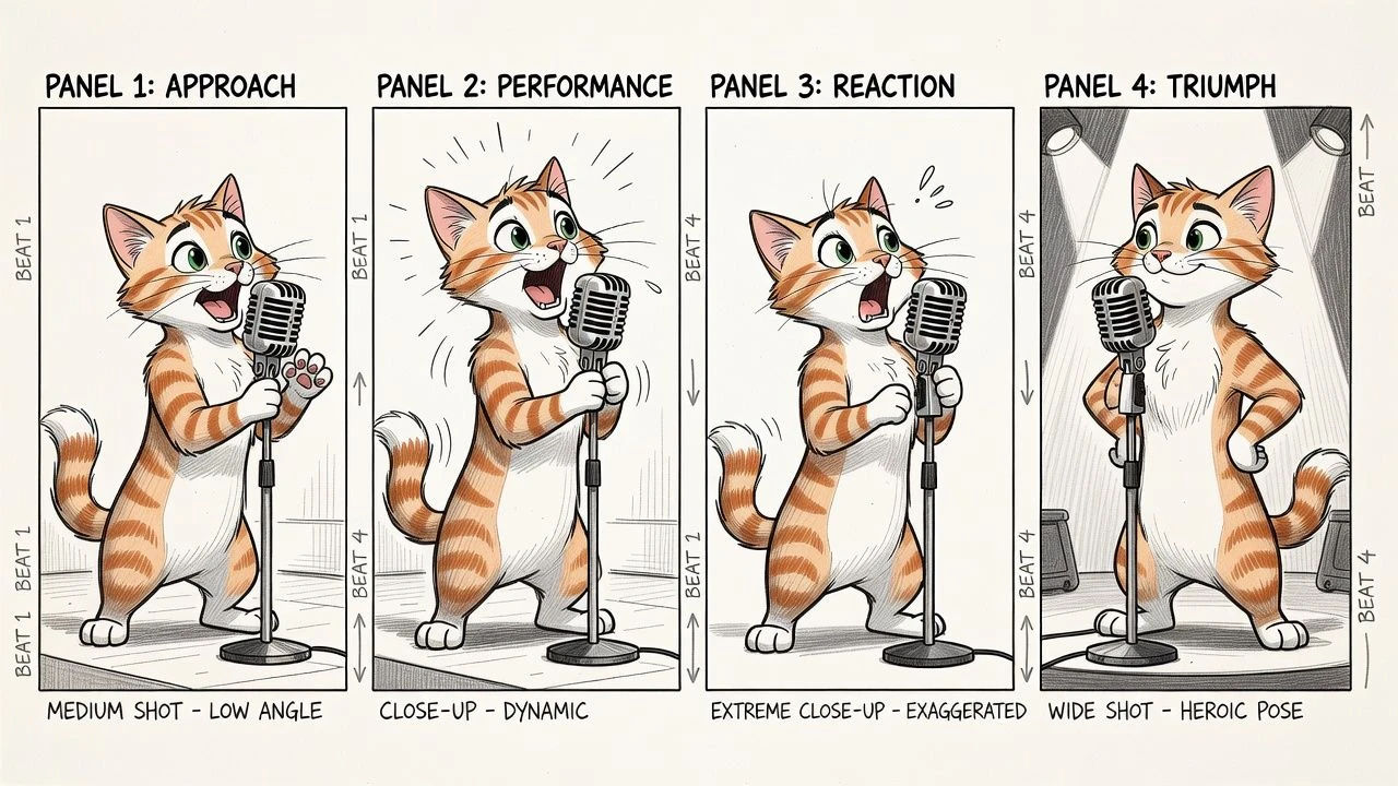 Storyboard panels of a cat character beside a mic