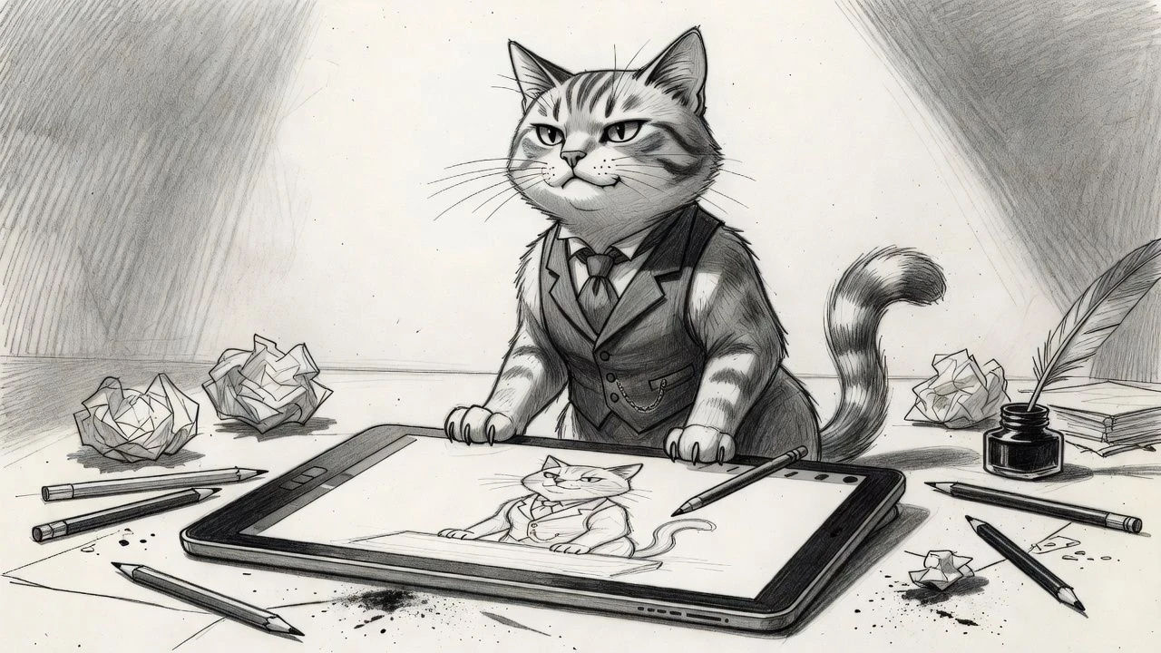 Sketch of a haughty cat character on a drawing tablet