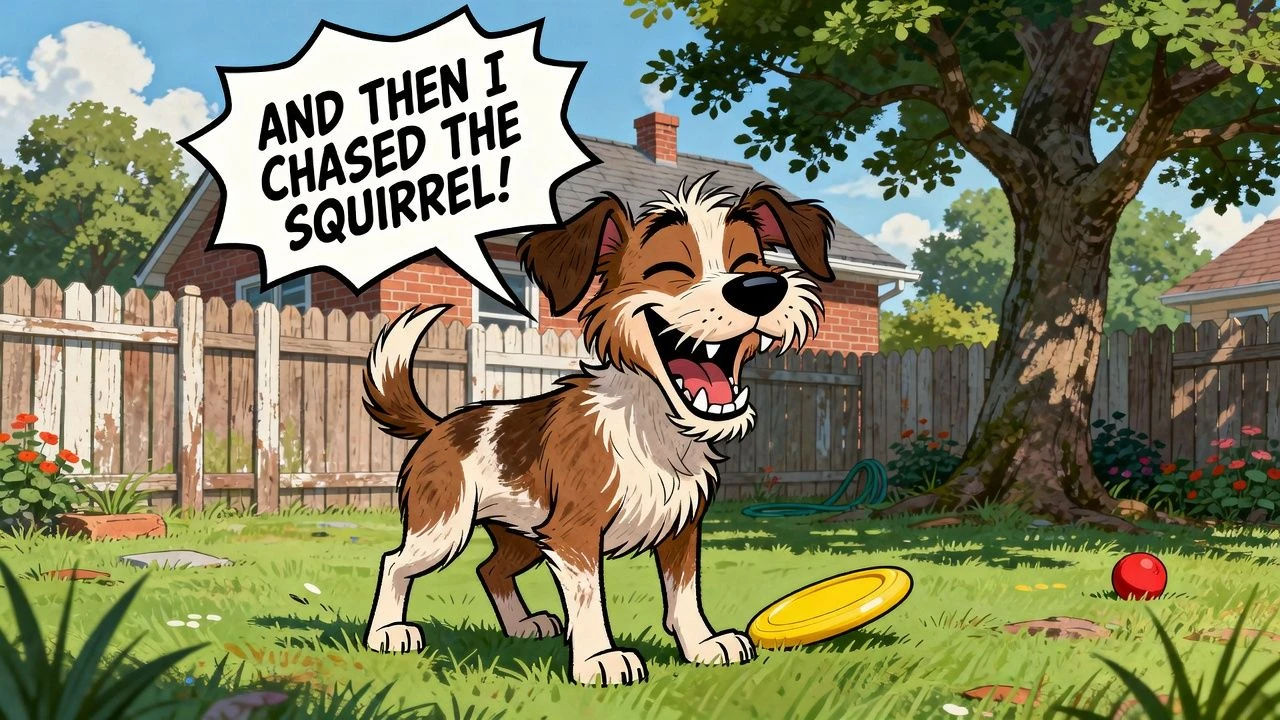 Cartoon dog grinning mid-sentence in a backyard