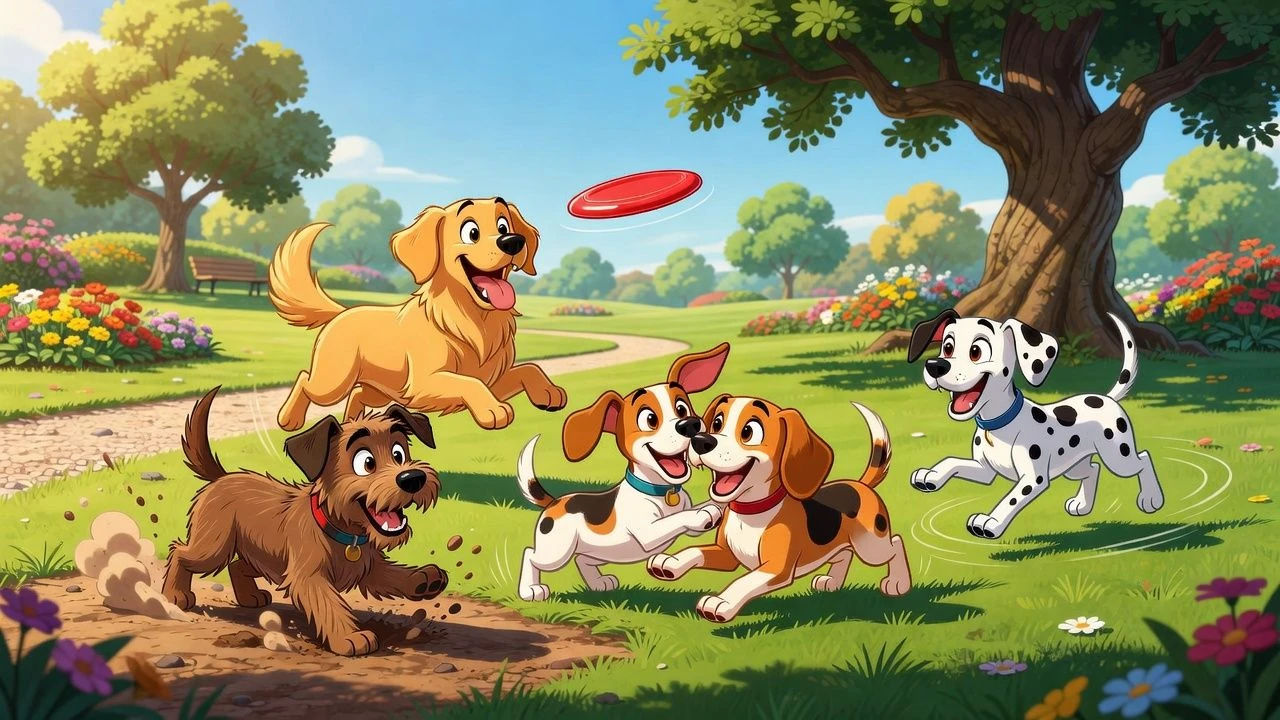 Pack of cartoon dogs playing in a sunny park