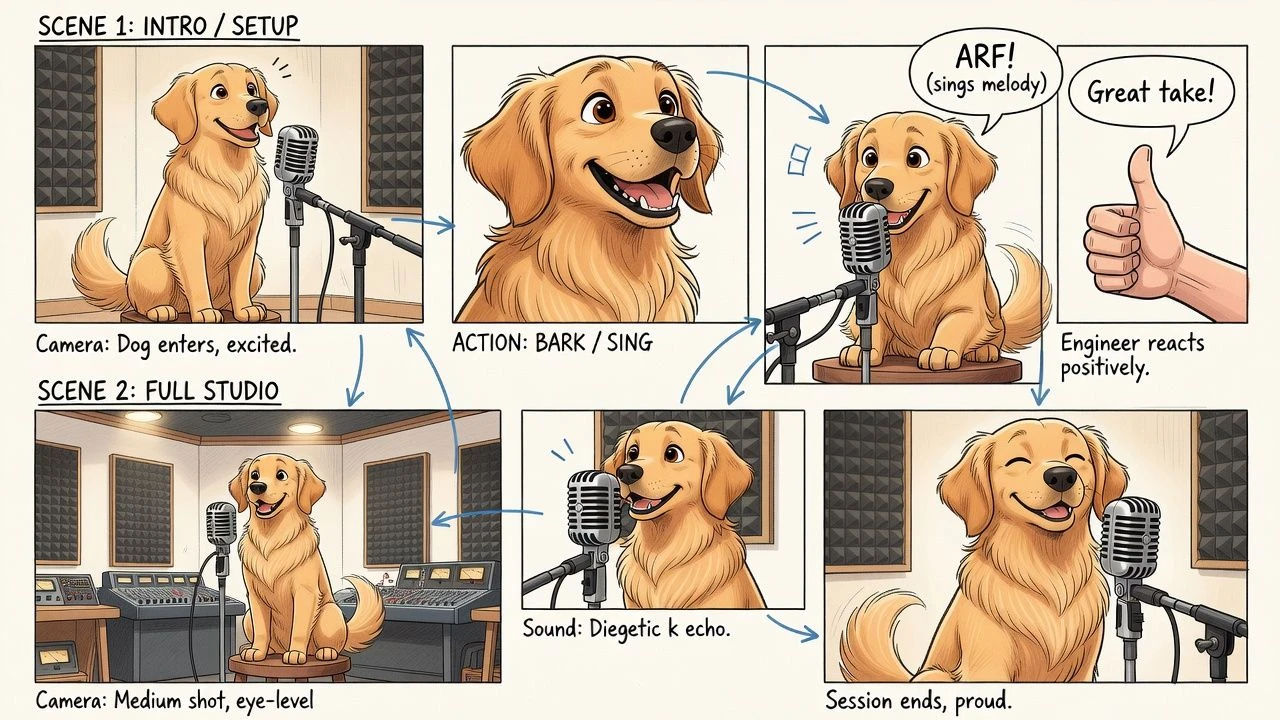 Storyboard of a dog character beside a microphone