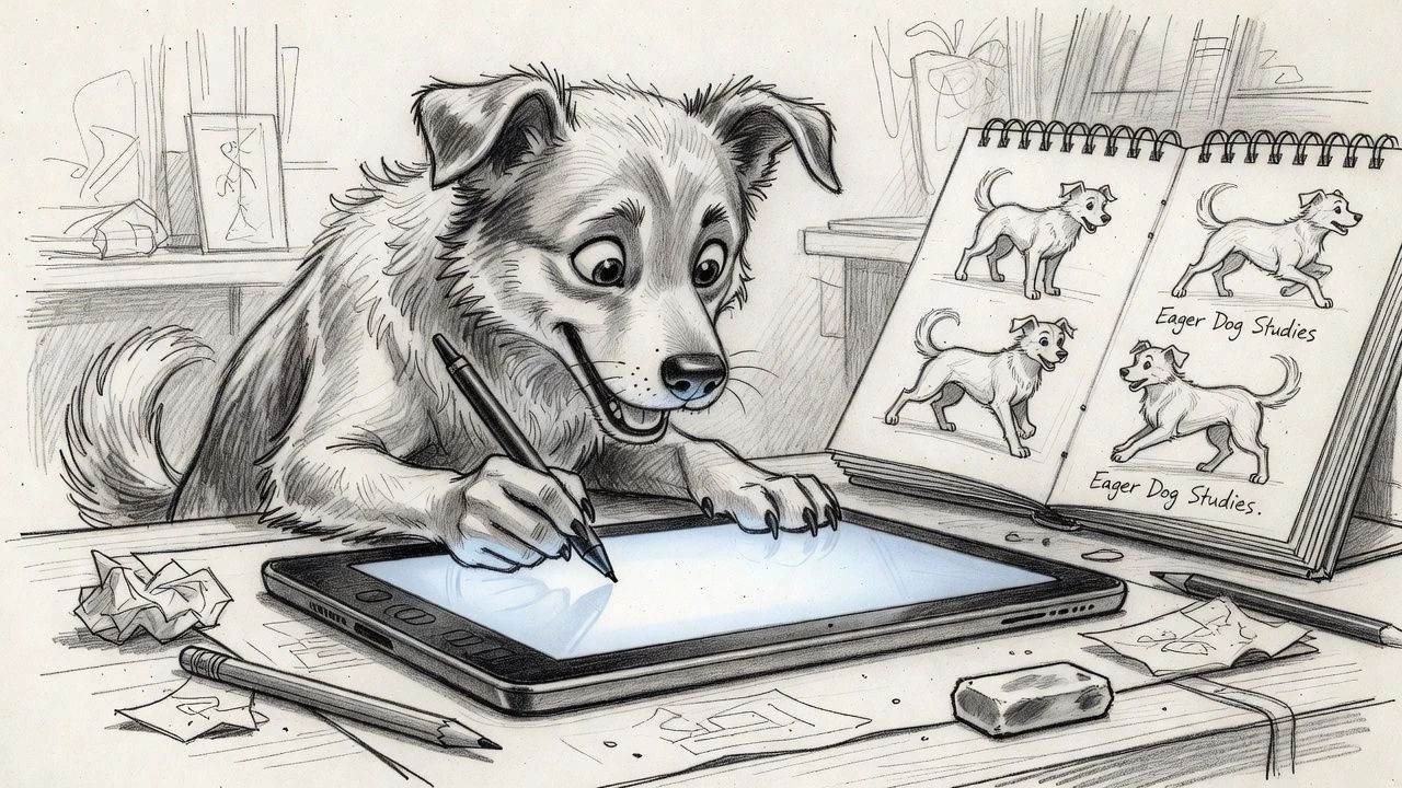 Sketch of an eager dog character on a drawing tablet