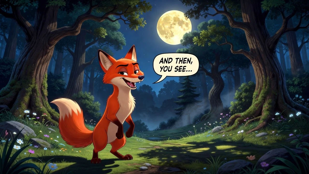 Cartoon fox smirking mid-sentence in a moonlit wood