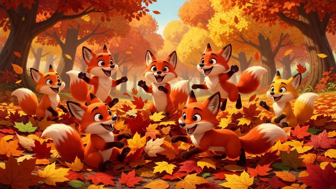Group of stylised cartoon foxes among autumn leaves