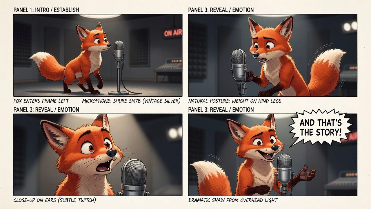 Storyboard of a fox character beside a microphone