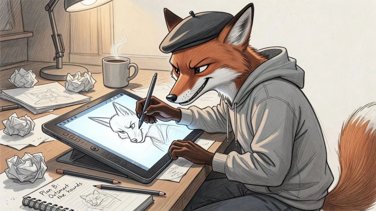 Sketch of a scheming fox character on a drawing tablet