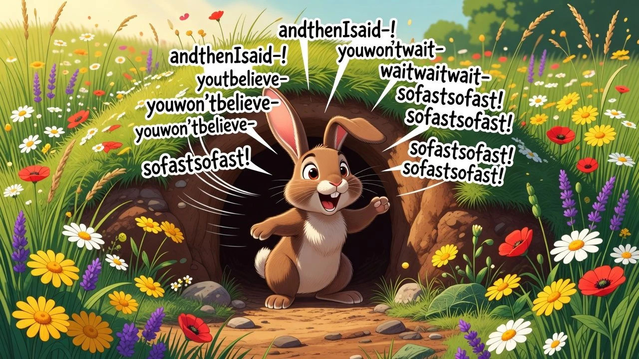 Cartoon rabbit talking fast in a meadow burrow