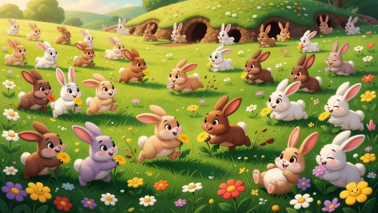 Warren of stylised cartoon rabbits in a green field