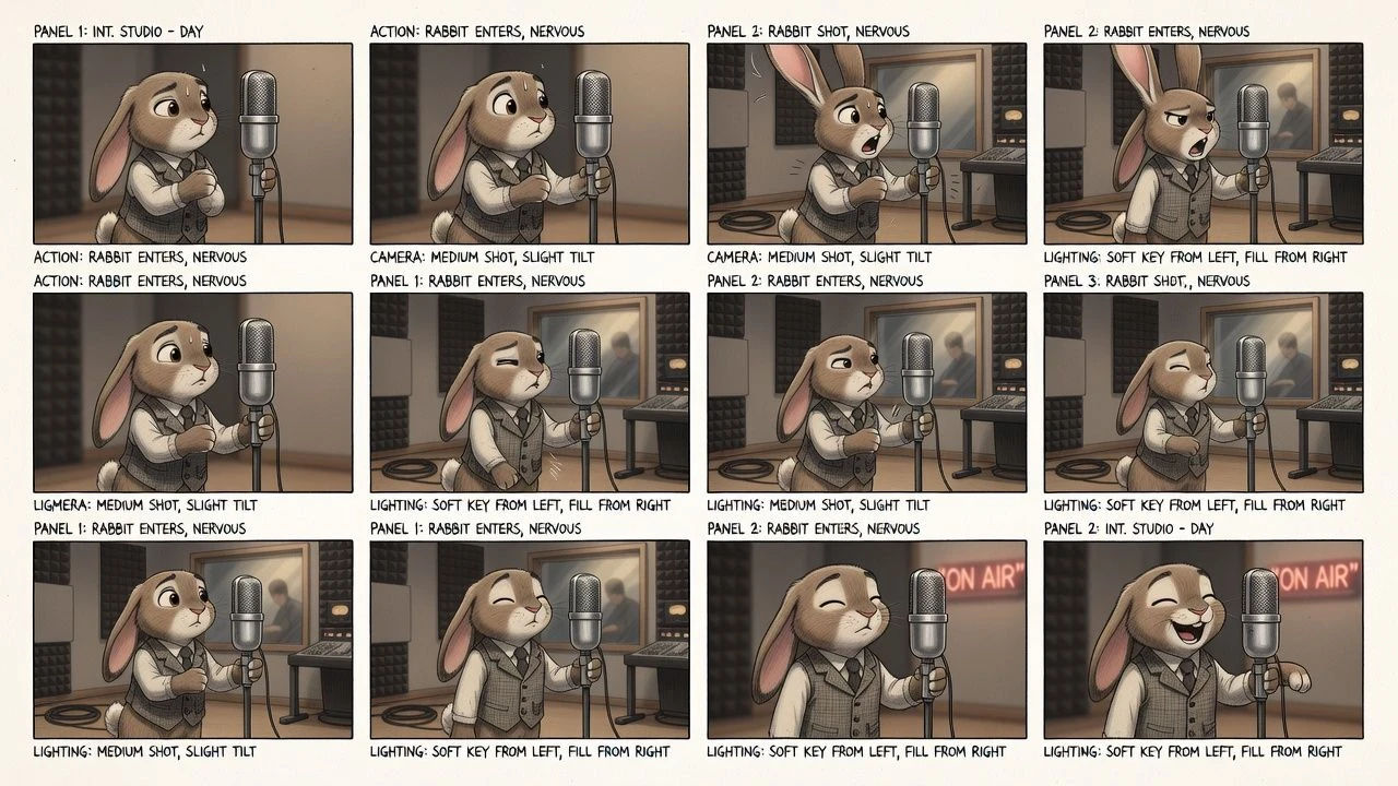 Storyboard of a rabbit character beside a microphone