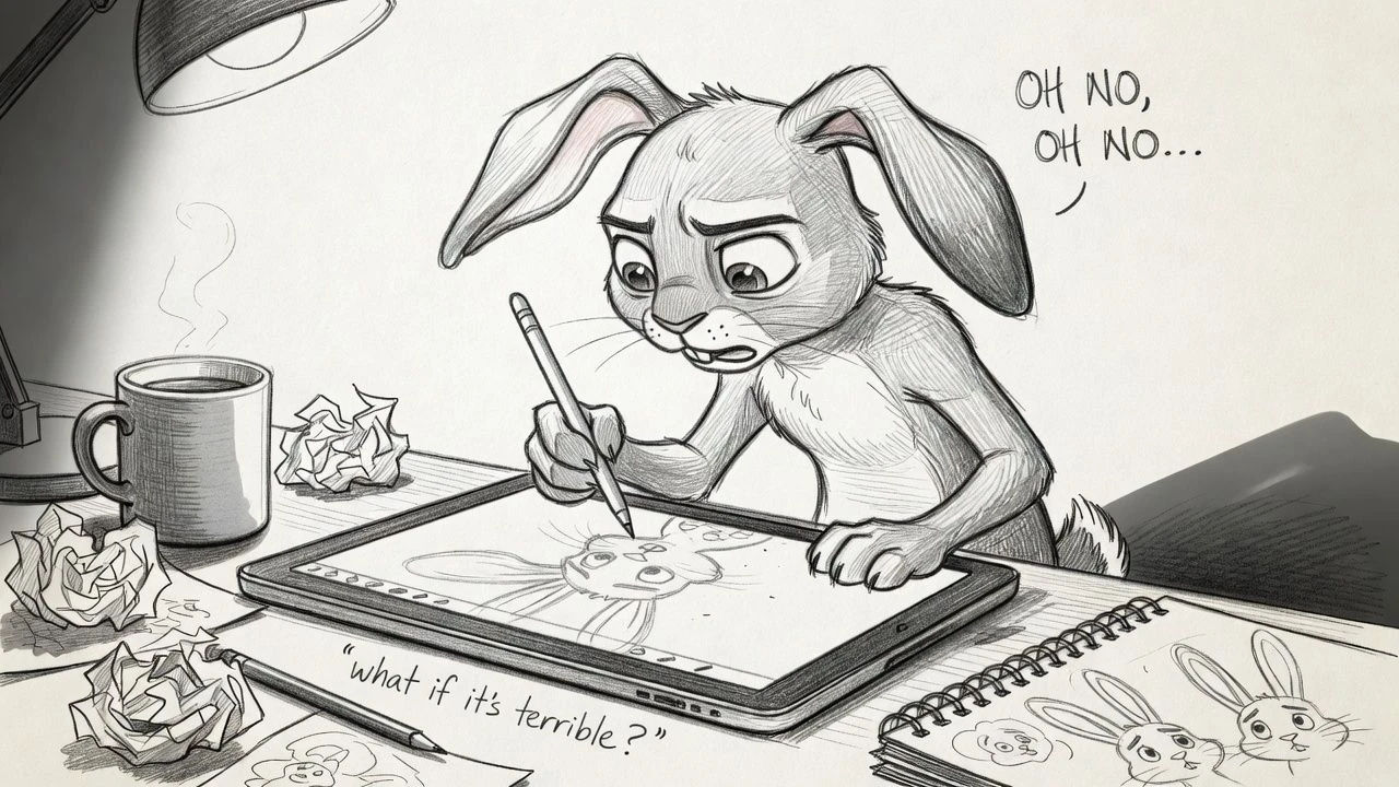 Sketch of a nervous rabbit character on a drawing tablet