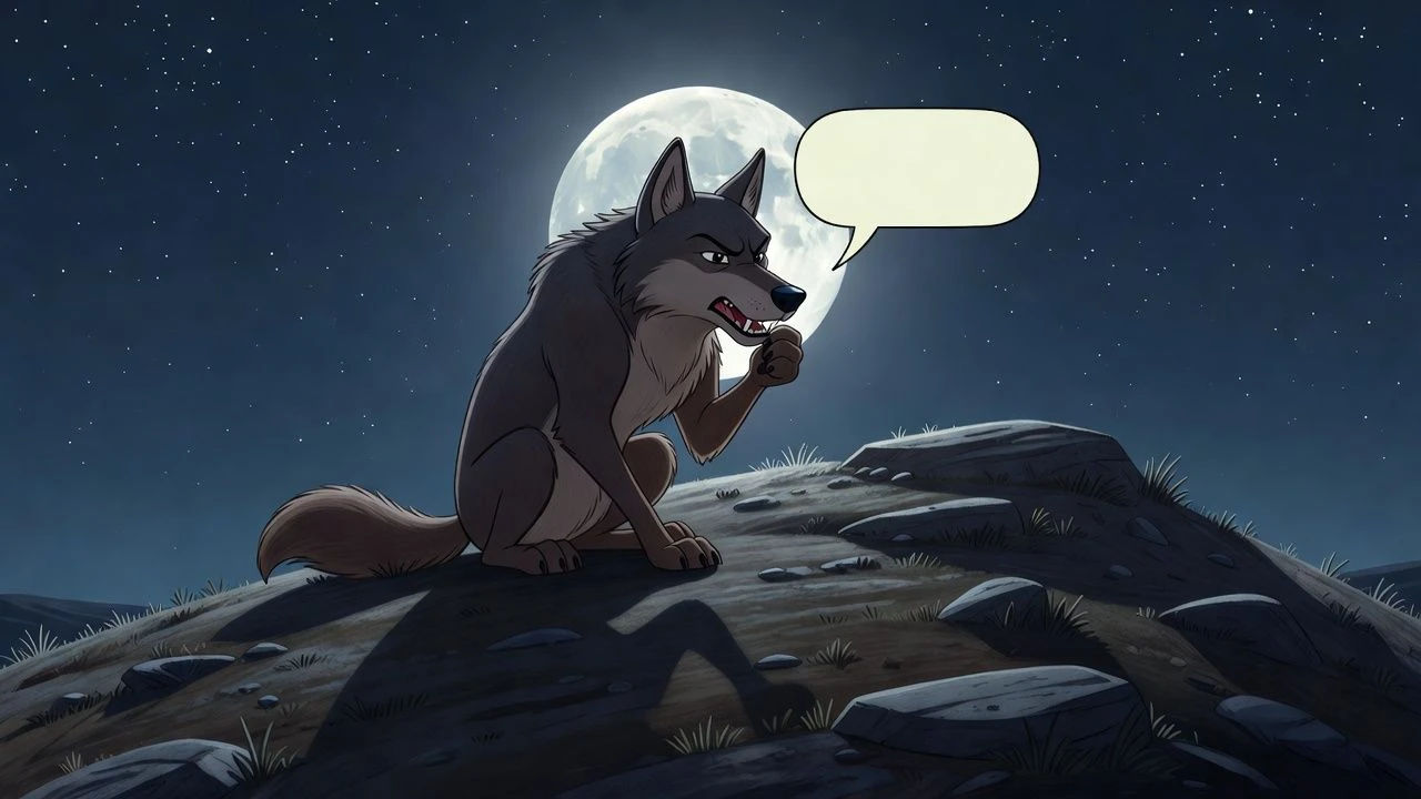 Cartoon wolf speaking low on a moonlit ridge