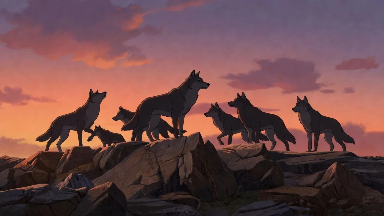 Wolf pack silhouetted on a rocky ridge at dusk