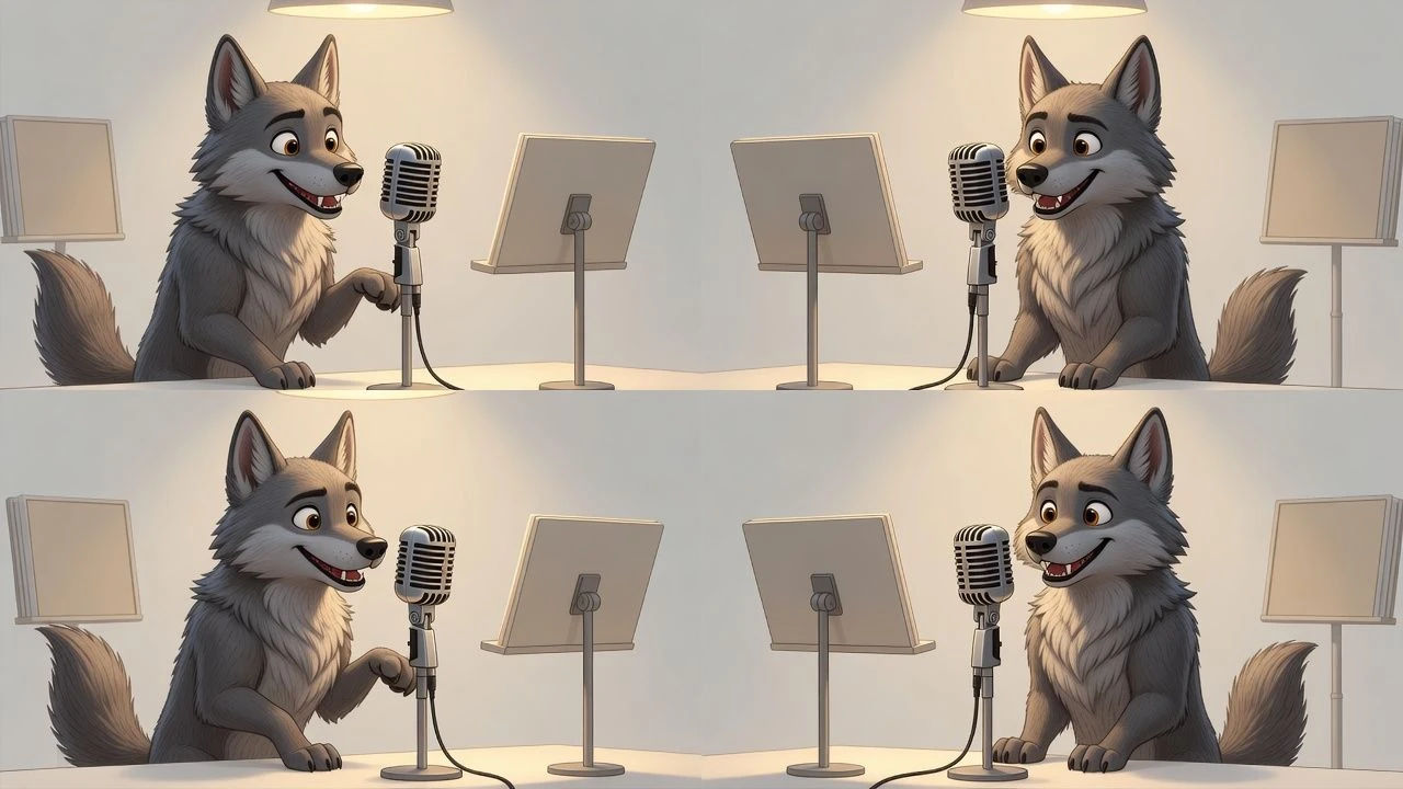 Storyboard of a wolf character beside a microphone