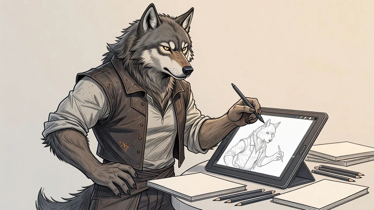 Sketch of a commanding wolf character on a drawing tablet