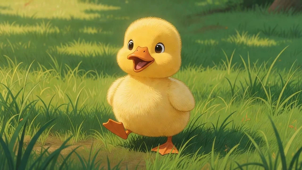 Fluffy cartoon duckling mid-peep in soft grass