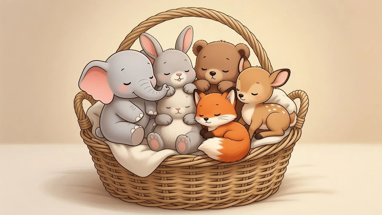 Basket of tiny cartoon baby animals nestled together