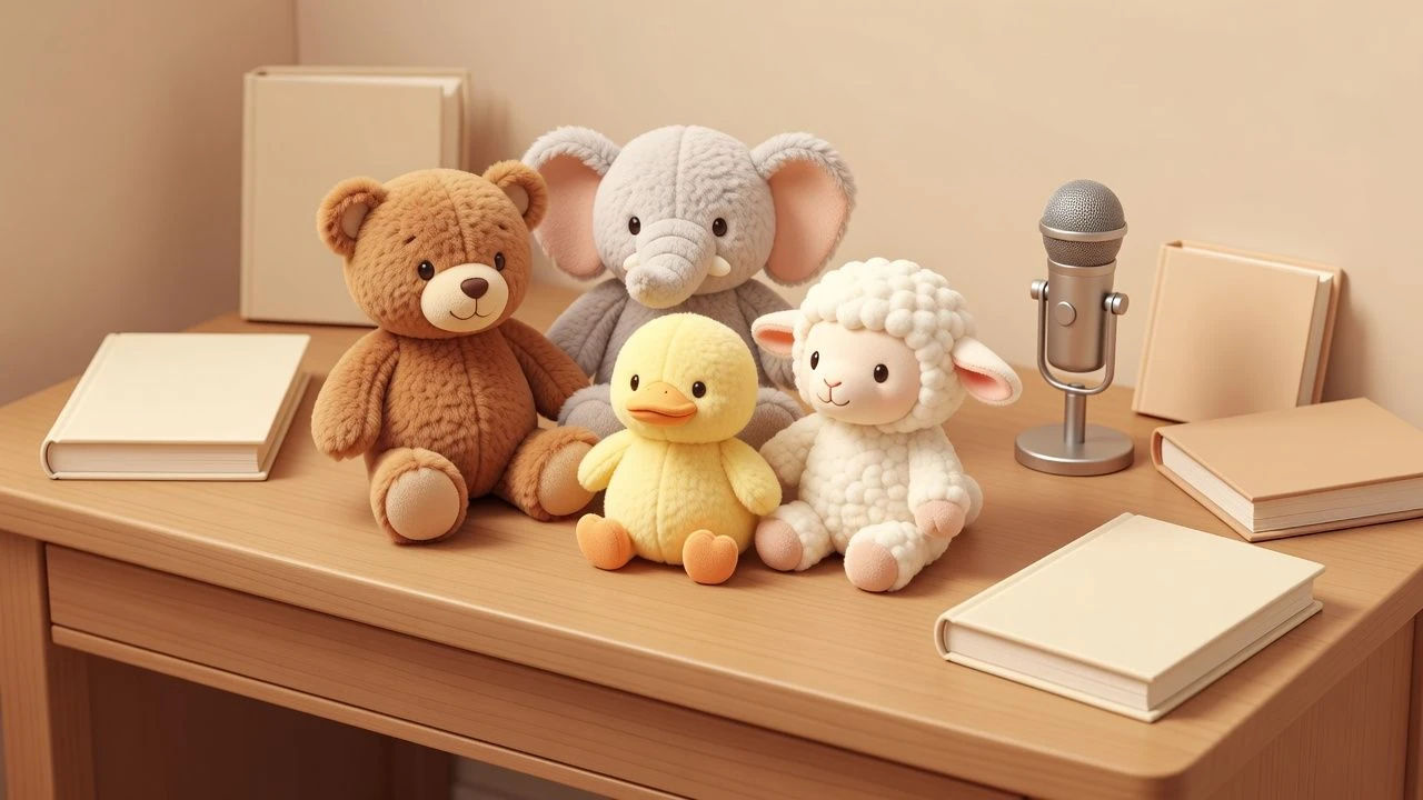 Nursery desk with plush baby animals and a small mic