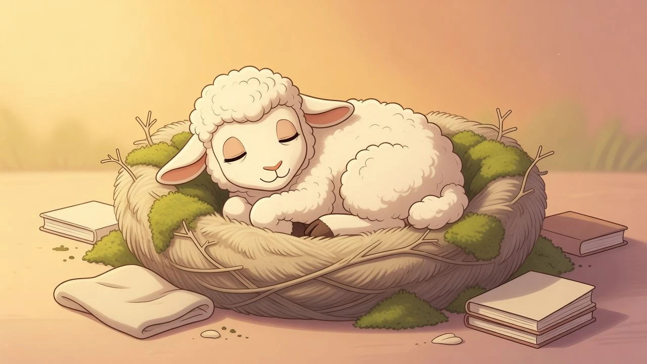 Sleepy cartoon lamb curled up in a soft nest