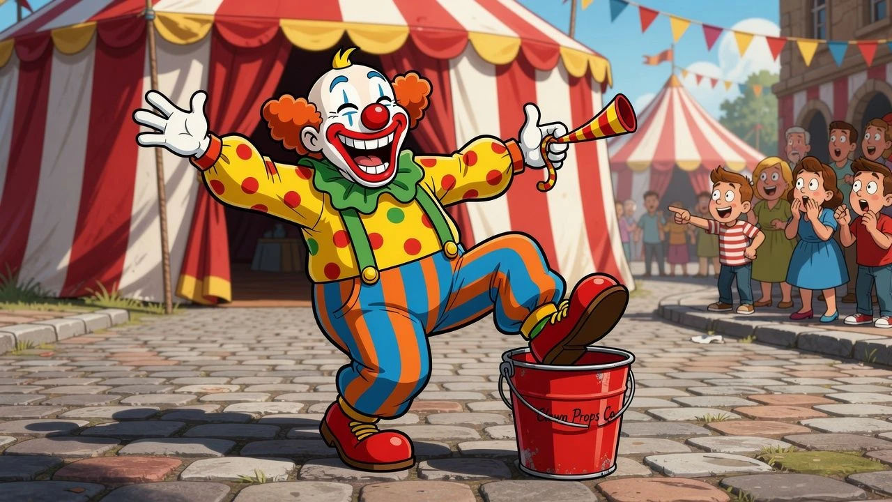 Cartoon clown tripping over a bucket with a wide grin