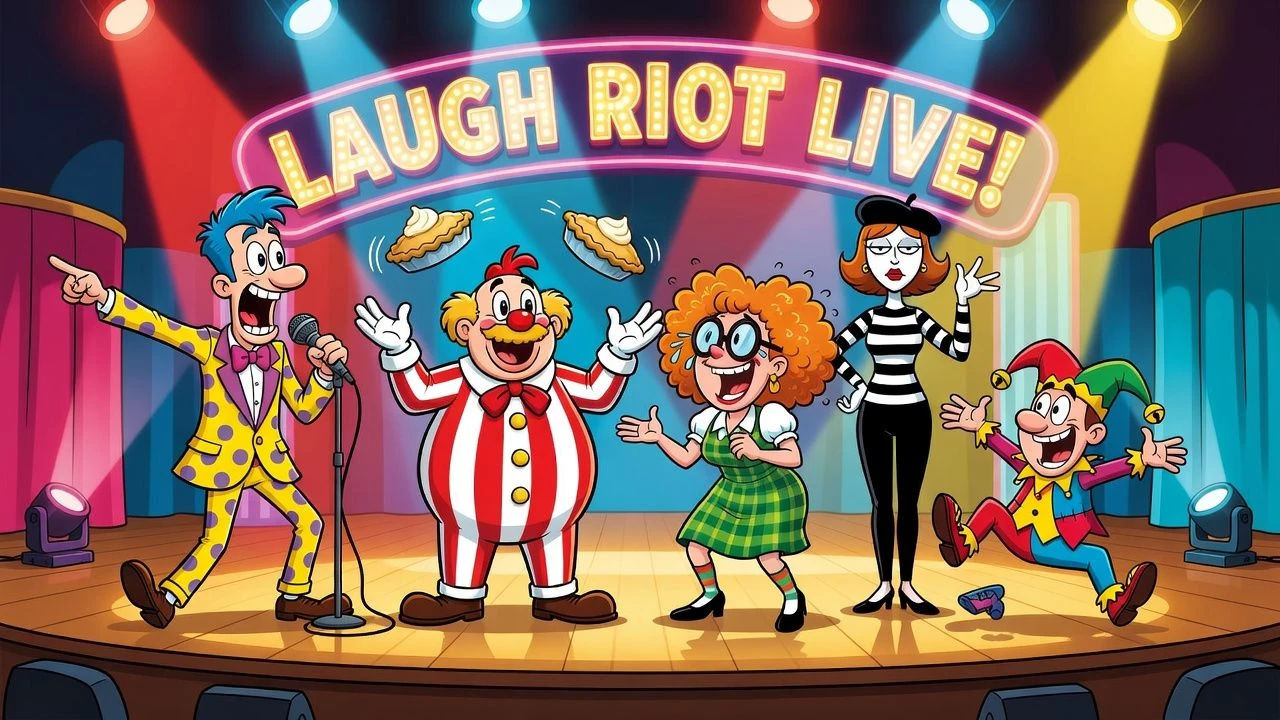 Group of cartoon comedians on a bright cartoon stage