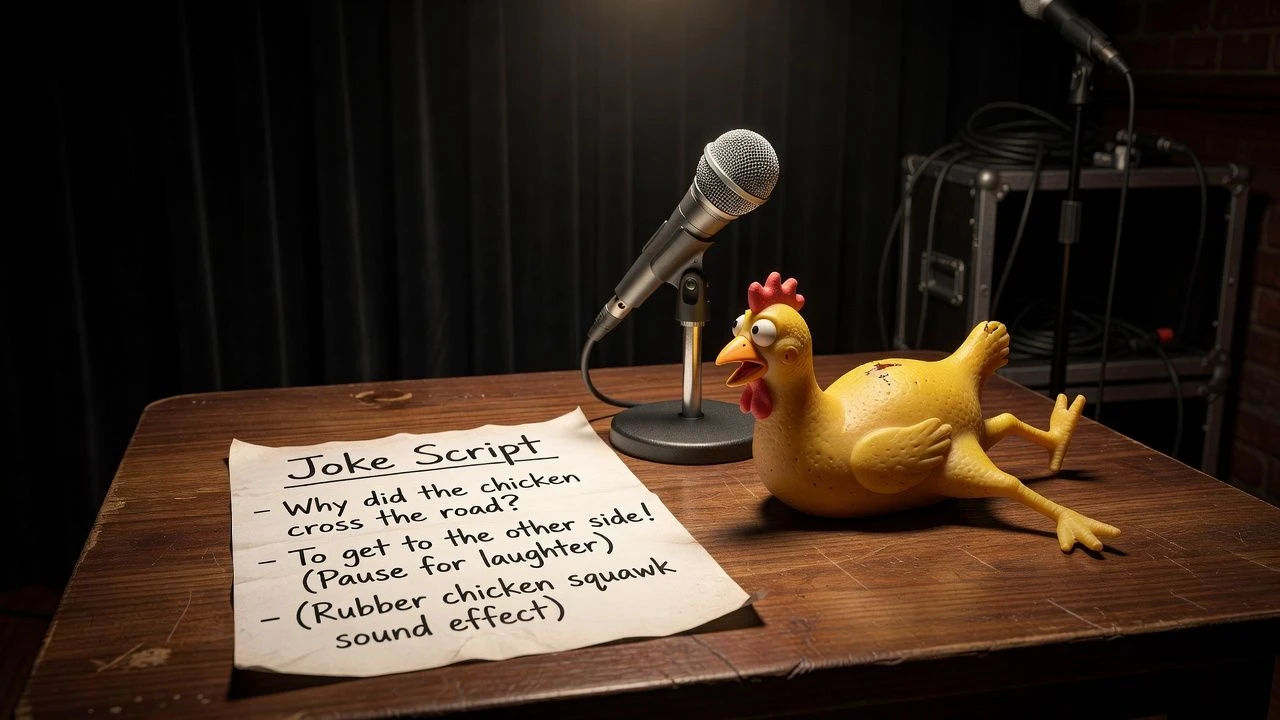 Joke script and a rubber chicken beside a microphone