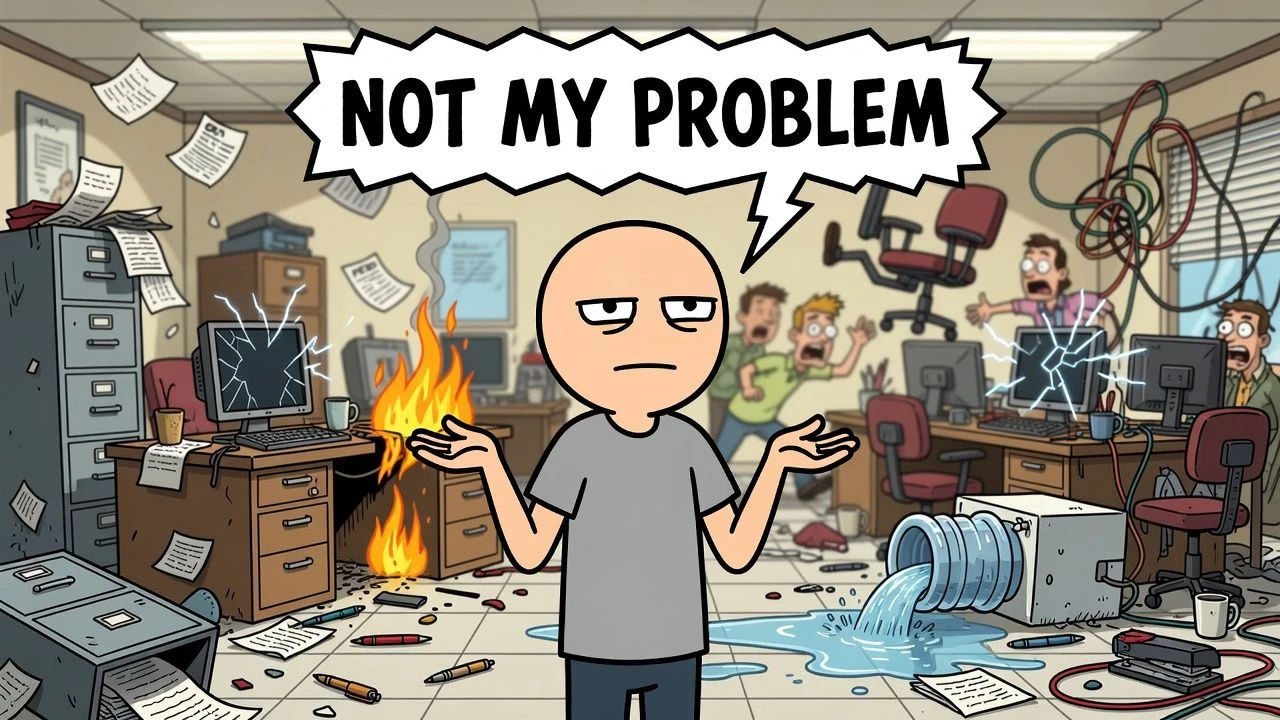 Deadpan cartoon character shrugging amid chaos behind him