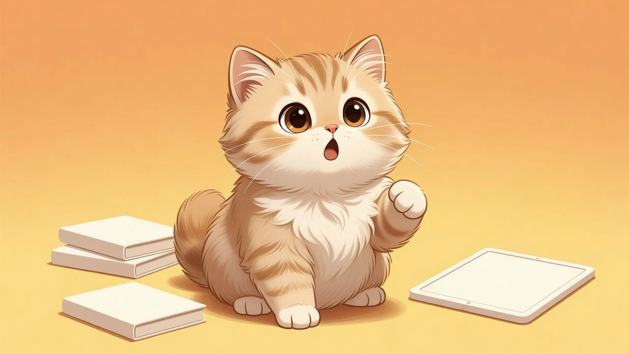 Fluffy cartoon kitten mid-speech with big round eyes
