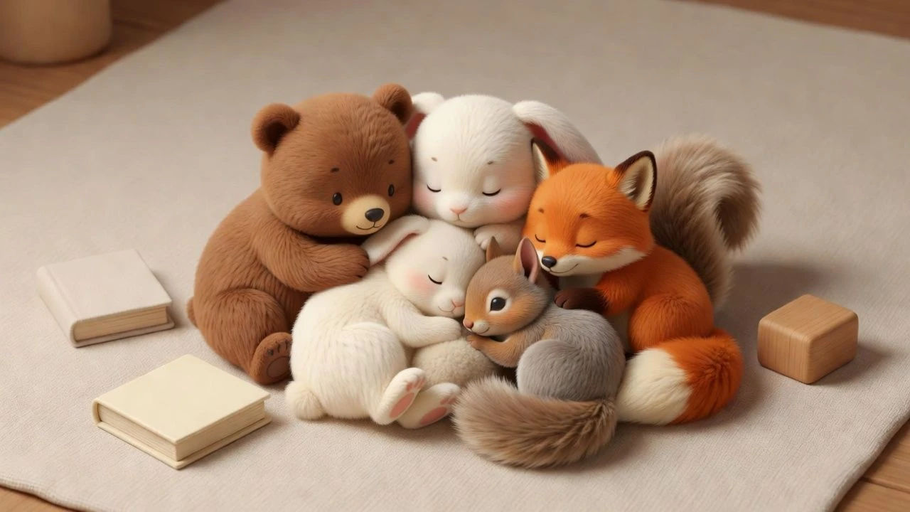Cluster of tiny cartoon animals cuddled together
