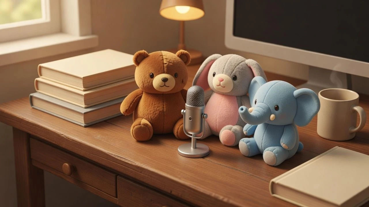 Cozy desk with plush animal toys and a small mic