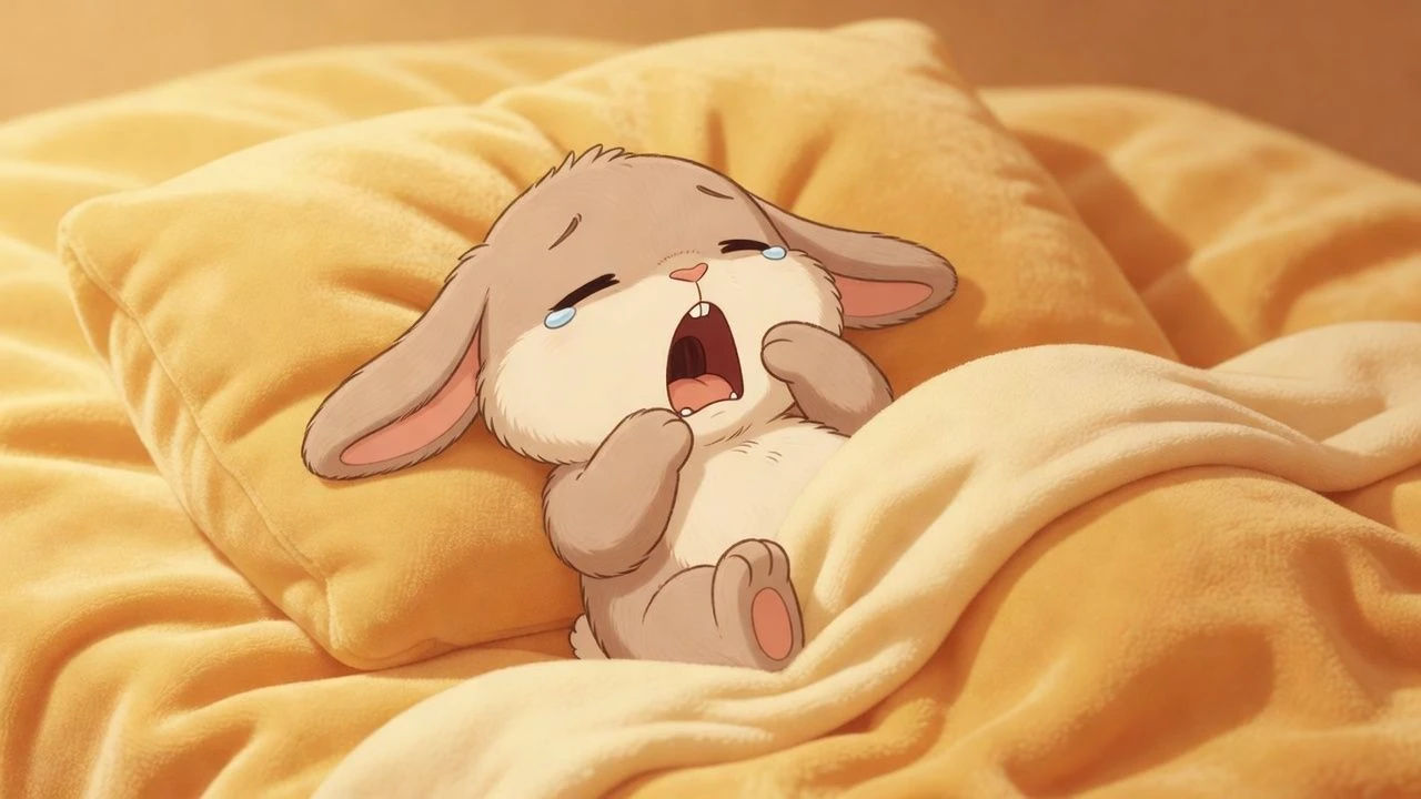 Sleepy cartoon bunny yawning on a soft blanket