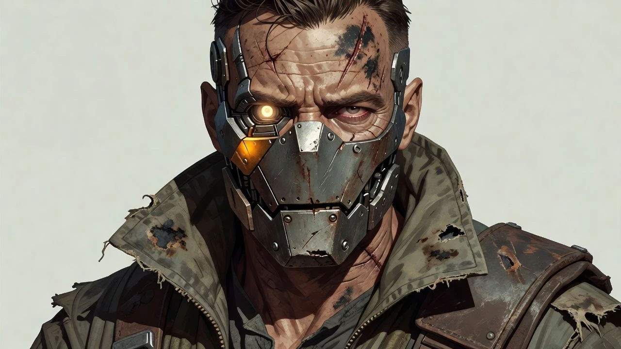 Battle-worn cyborg with a metal jaw and glowing eye