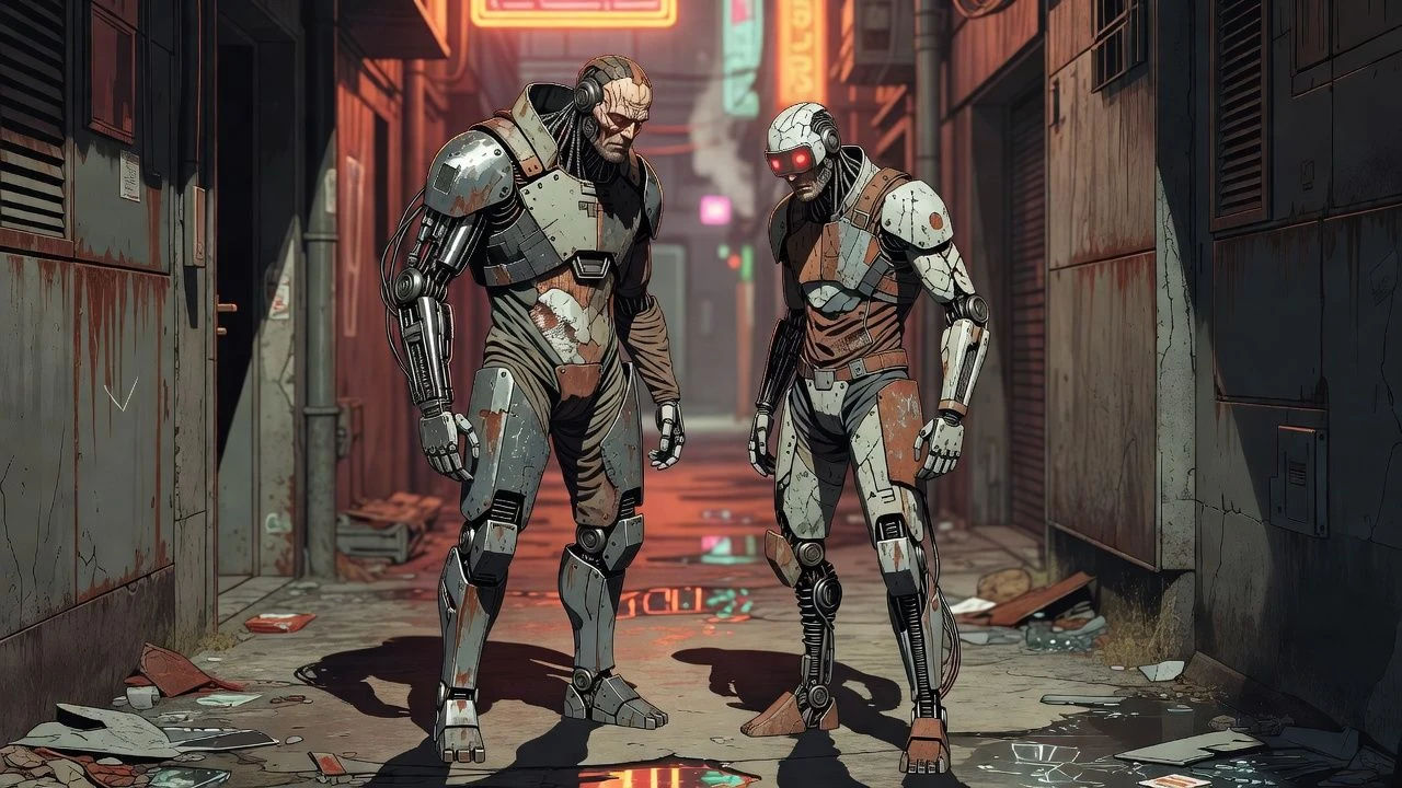 Two cyborgs in worn armor in a neon-lit alley