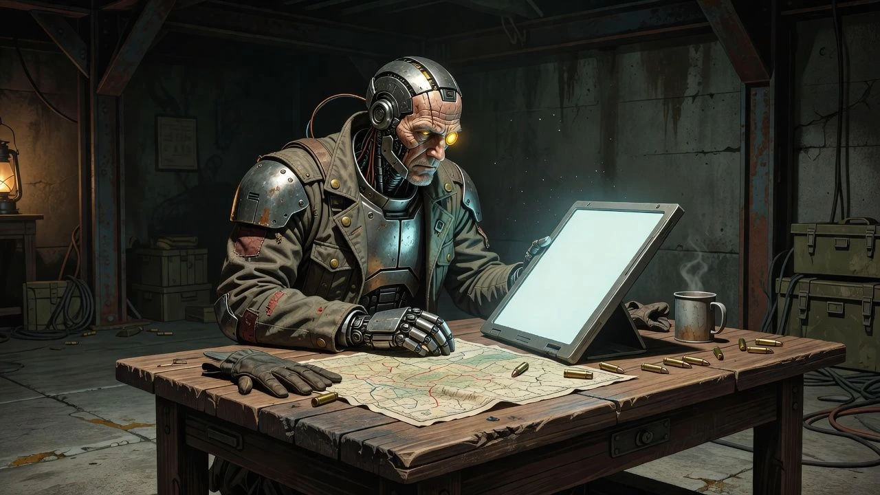Cyborg at a war table reading orders from a screen