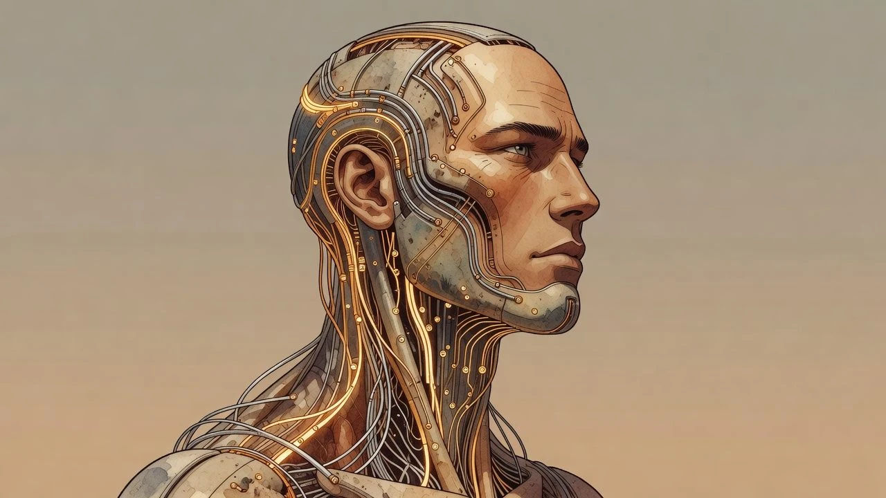 Cyborg profile with exposed circuitry along the neck