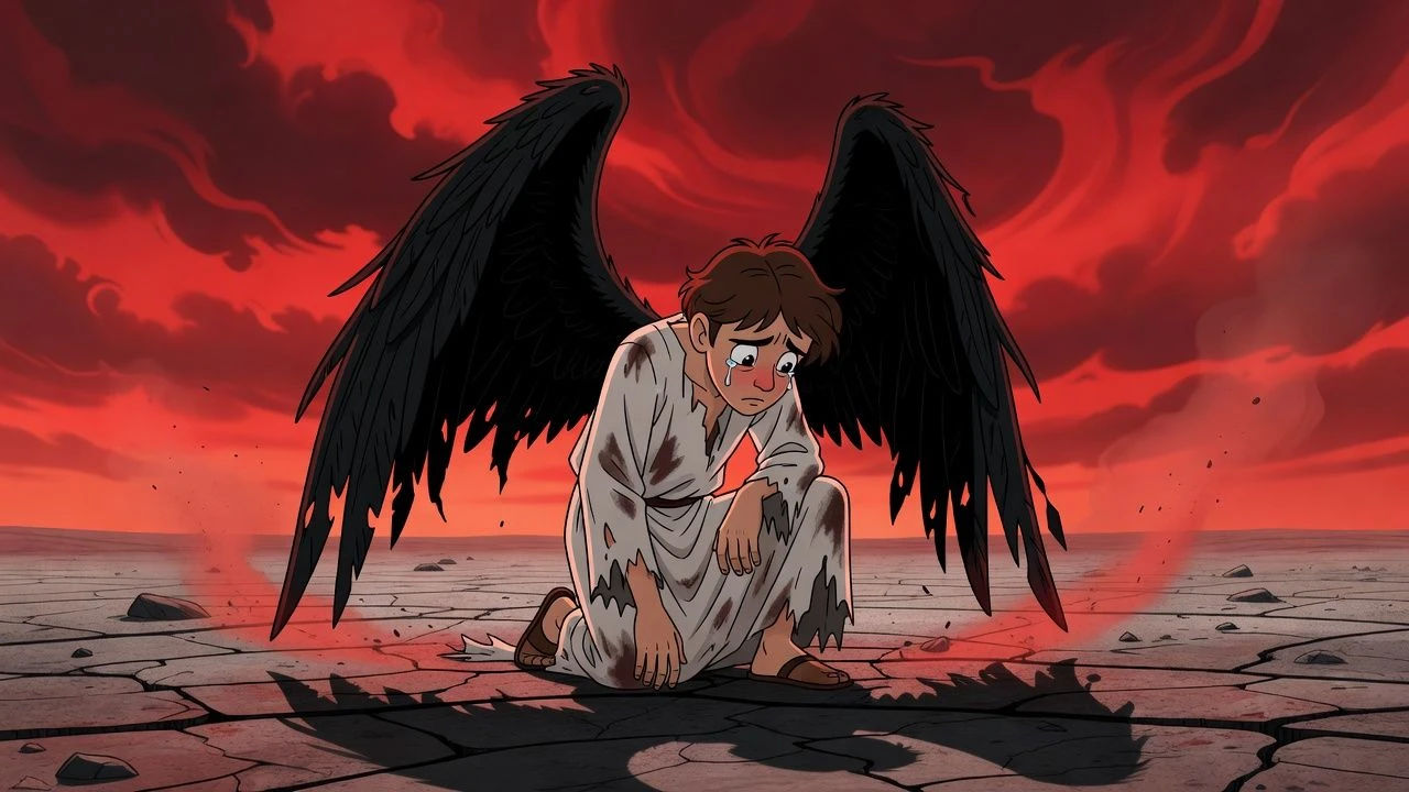 Fallen cartoon angel with black wings under a blood-red sky