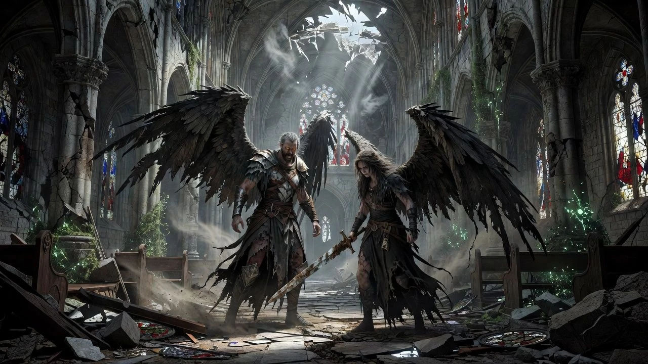 Two winged fallen figures facing off in a ruined cathedral
