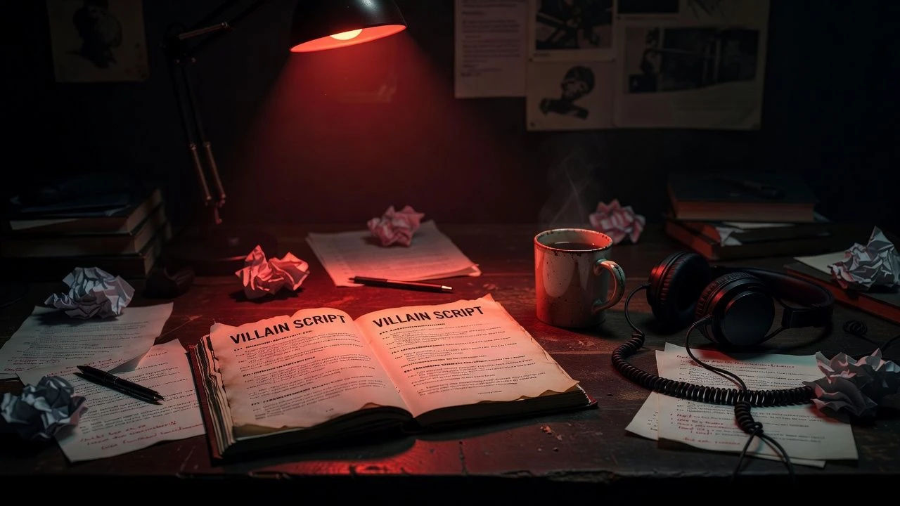 Dim studio desk with a villain script under a single red light