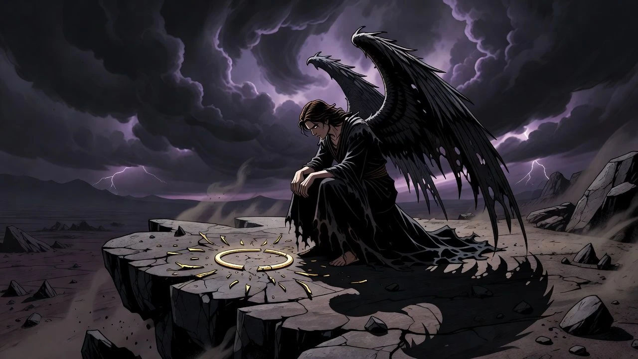 Lone cartoon dark angel brooding over a shattered halo