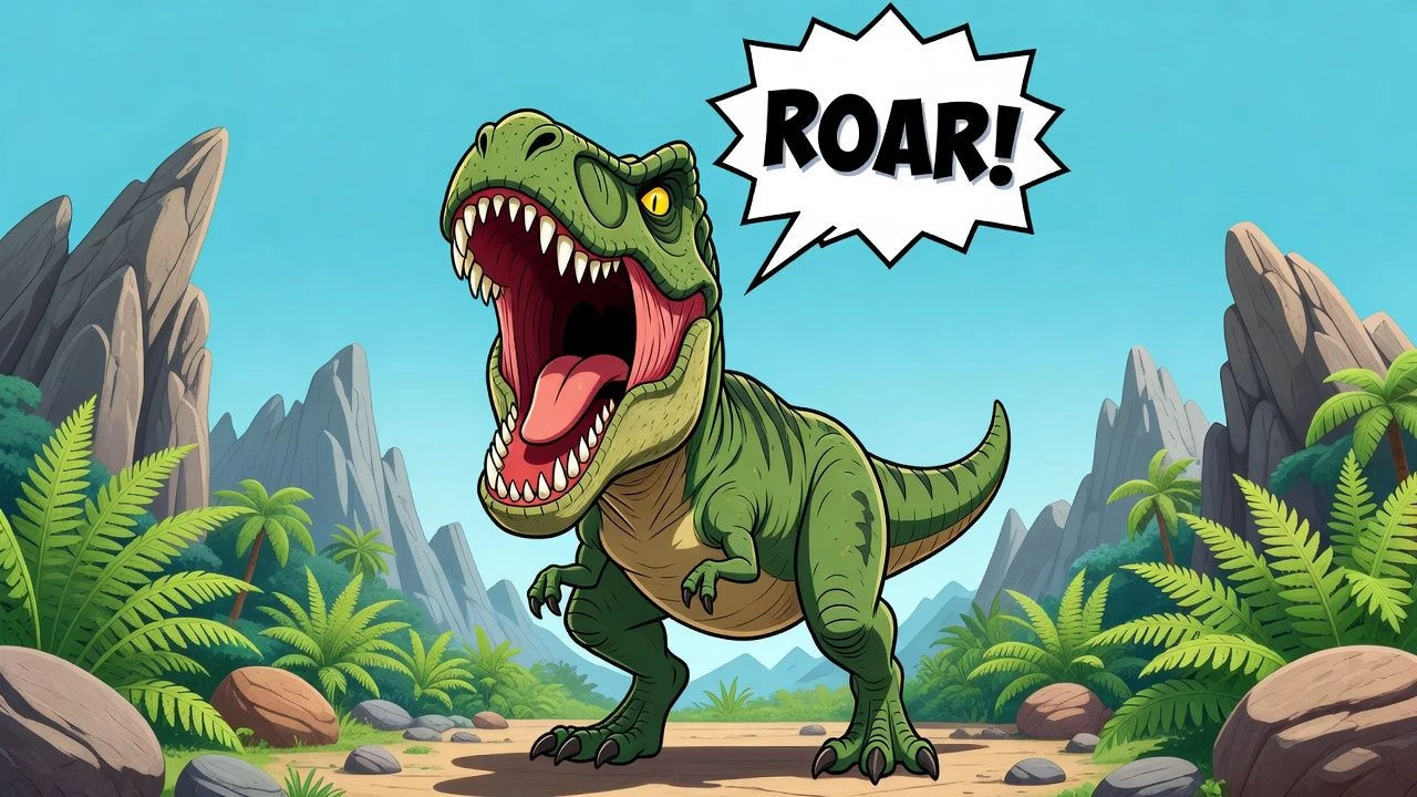 Towering cartoon T-rex mid-roar with jaws wide