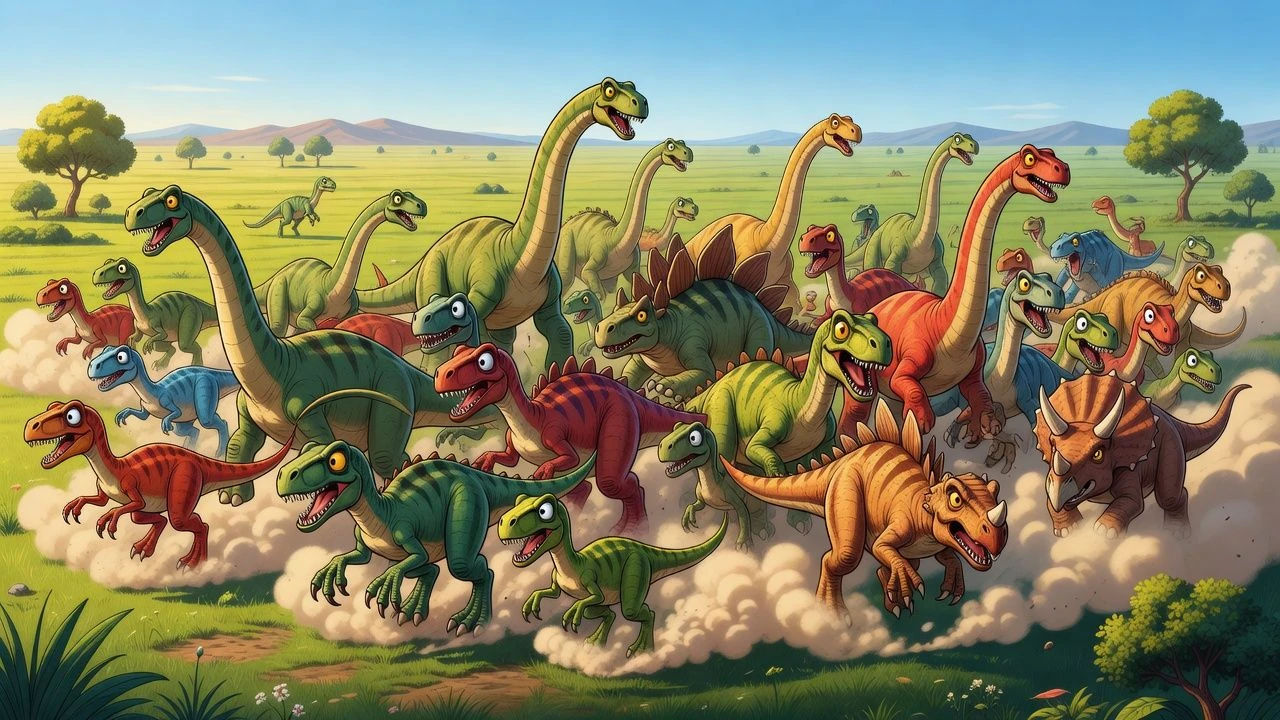 Herd of cartoon dinosaurs stampeding across a plain