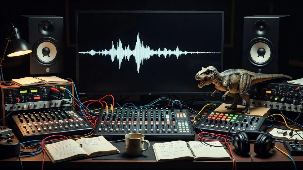 Sound design desk with a dinosaur model and waveform screen