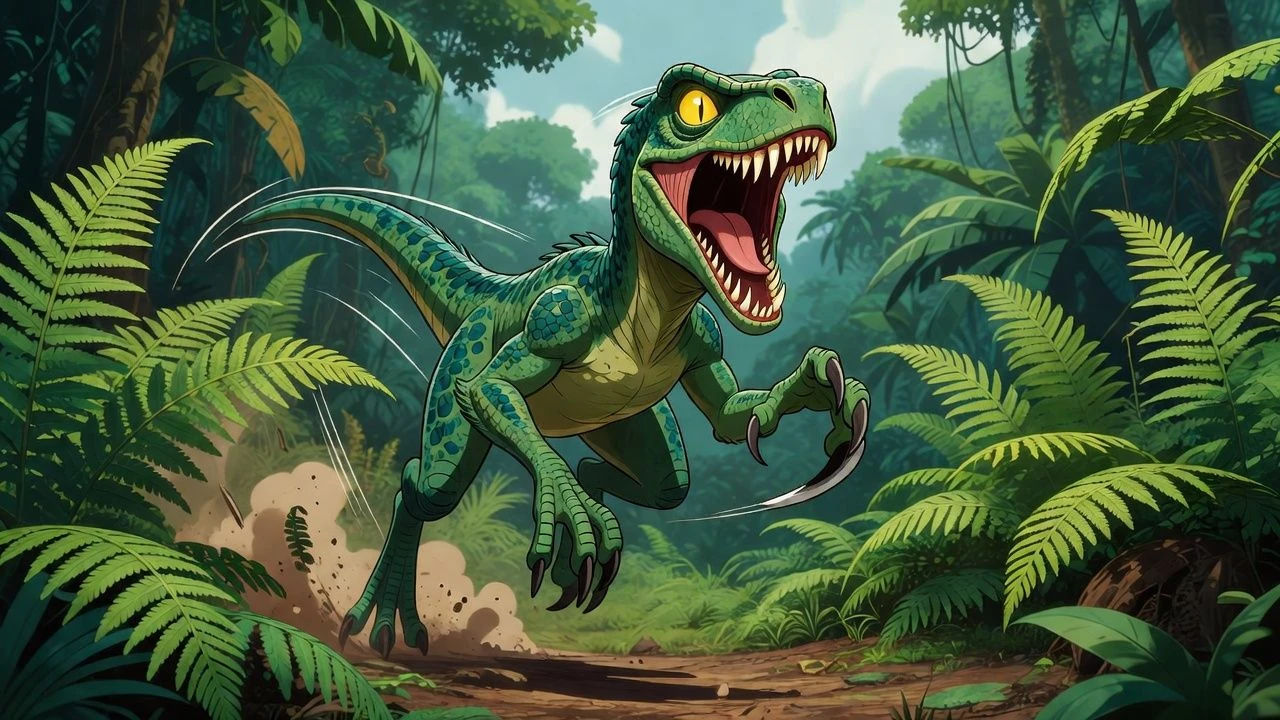 Screeching cartoon raptor lunging forward in tall ferns