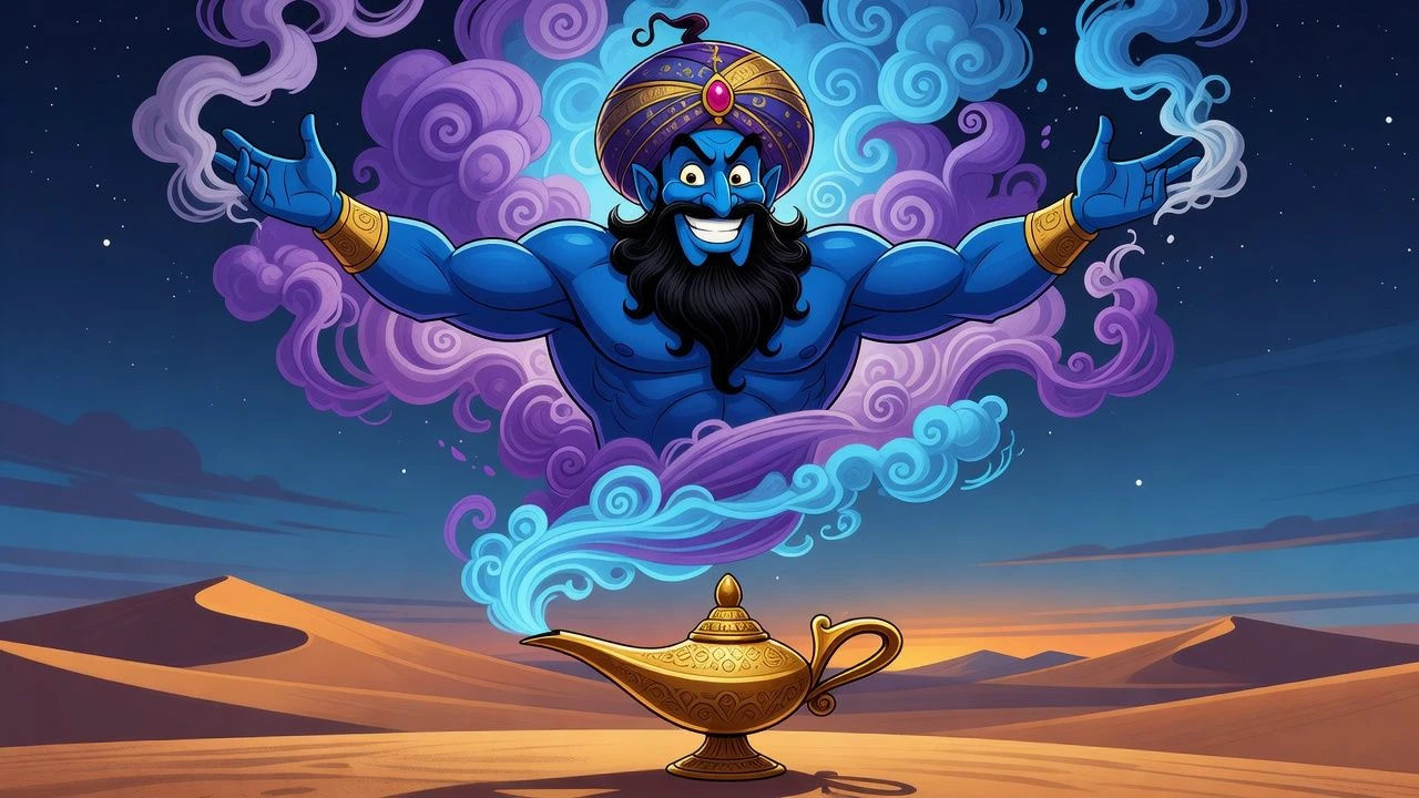 Towering cartoon djinn rising from a lamp in swirling smoke